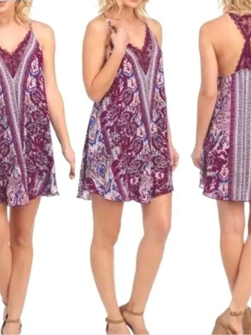 Free People Grape Love Bird printed Lace-Trim Mini Dress